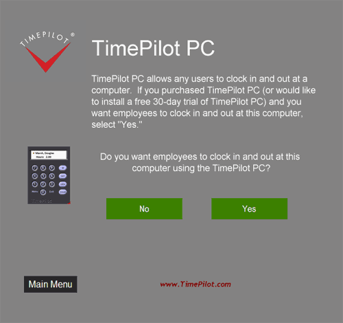 TimePilot PC Installation screen TimePilot PC Installation screen
