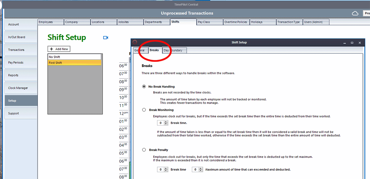 The TimePilot software gives you three different ways to handle breaks: don't track them, monitor the amount of time taken or penalize employees for taking too much time.