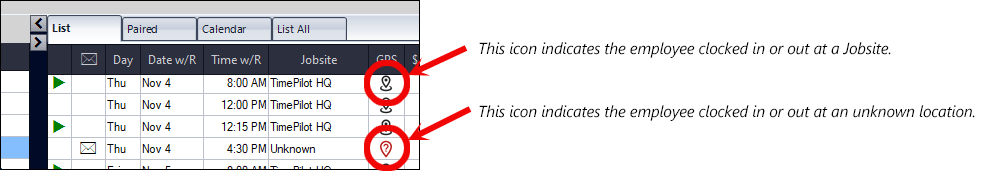 One of two icons will appear with a transaction that has GPS coordinates attached. One icon indicates the transaction was within a geofence; the other indicates it occurred outside a geofenced area. One of two icons will appear with a transaction that has GPS coordinates attached. One icon indicates the transaction was within a geofence; the other indicates it occurred outside a geofenced area.