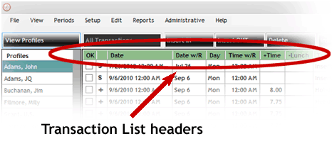 Transaction List headers